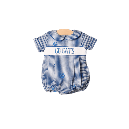 Smocked Go Cats Blue Gingham Bubble