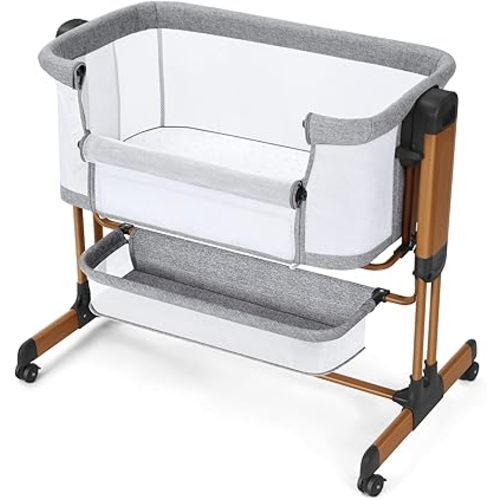 Ezebaby 3-in-1 Baby Bassinet, Rocking Baby Bassinets Bedside Sleeper, Adjustable Portable Crib for Newborn Infant with Wheels Storage Basket and Mesh Sides