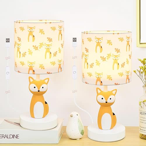 Lampwell Fox LED Table Lamps with USB Port DC5V,Set of 2,Orange Kids Table Lamp,Night Light for Kids Room,Nursery,Bedroom,Kitchen Counter,Gameroom,Φ5.91×H12.88IN,Hand-Made