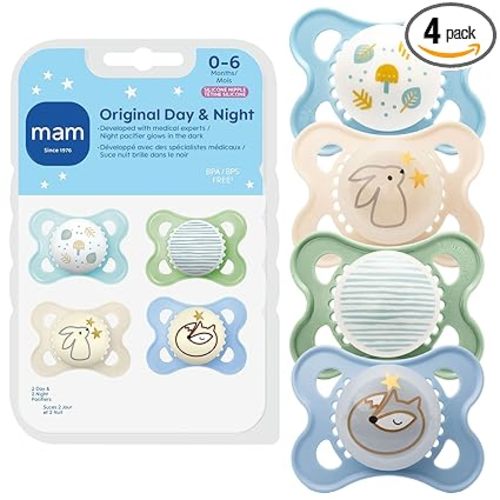 MAM Original Baby Pacifiers 0-6 Months, Binky for Newborn Babies, BPA-Free Skin Soft Silicone Nipple, Glows in The Dark, Developed with Medical Experts, 4 Pack, Made in Europe