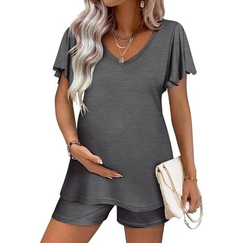 Ekouaer Maternity Sets 2 Piece Outfits Flowing Short Sleeve V Neck Postpartum Pregnancy Pajamas Clothes
