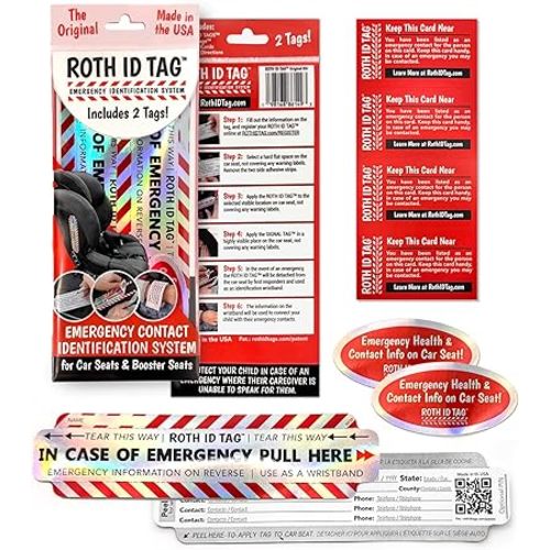 Original ROTH ID TAG™ Kit | Emergency Contact Identification System for Car Seats, Red, White, Black