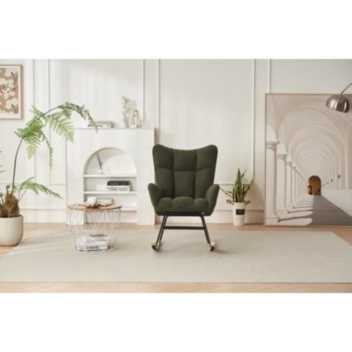 Nursery Rocking Chair with Solid Wood Legs, Modern Upholstered Reading Rocker Chair with Metal Frame, Leisure Nap Armchair for Living Room, Bedroom, Balcony, Green Teddy Fabric