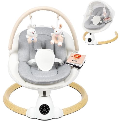 Baby Swing for Infants, Portable Electric Baby Swings with Bluetooth, 5 Swing Speed, 10 Lullabies, 5-Point Harness, Remote Control & Touch Panel - Infant Swing for Indoor & Outdoor Use, Wood Grain