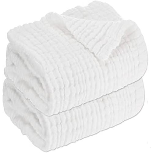 Aablexema Baby Muslin Bath Towels - Set of 2 Large Size 43X43 Inches Swaddle Blanket for Newborn Toddlers Boys Girls (White)