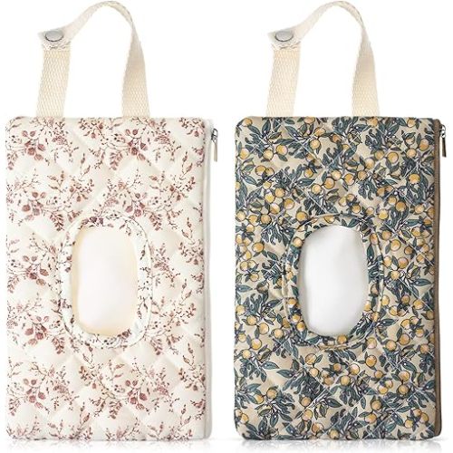 Cosblank 2 Pcs Quilted Diaper and Wipes Pouch Portable Hanging Floral Wet Wipe Bag Diaper Bag Reusable Wipes Pouch for for Stroller Car Travel Infant Diapering Organizer (Mixed Floral)