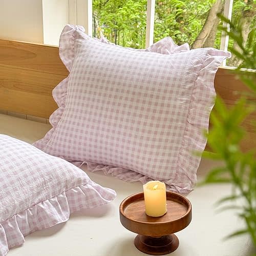 Pink Ruffled Plaid Gingham Pillow Shams 20"x20", Set of 2 Blue Checked Pre-Washed Microfiber Farmhouse Pillowcases for Bed/Sofa (20"x20", Pink Gingham)