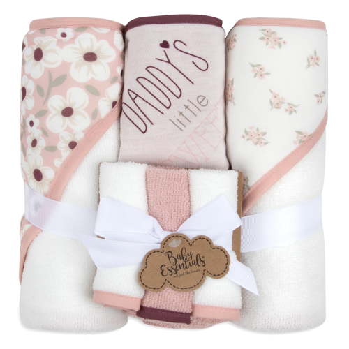 Baby Essentials 6 Piece Printed Hooded Bath Towel and Washcloth Set for Infant, Newborns and Toddlers 3  24 Months for Bath Time, Showers, Lounge, Beach and Daddy's Little Sweetie Print