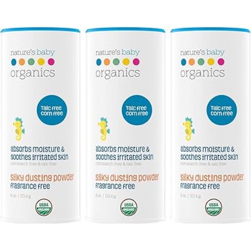 Nature's Baby Organics Baby Powder Talc Free Corn Free Diaper Dusting Powder with Aloe Soft Gentle 100% Organic Baby Powder Hypoallergenic Fragrance Free 4 oz, 3 Pack