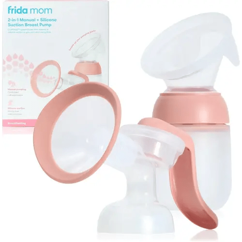 Frida Mom 2-in-1 Manual Breast Pump with Hands-Free Silicone Suction Cup, Milk Collector, Wireless Ergonomic Handle, and SoftFeel Flange for Breastfeeding