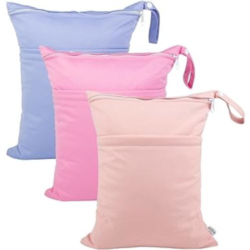 babygoal Wet Dry Bags for Baby Cloth Diapers, Washable Travel Bags, Beach, Pool, Gym Bag for Swimsuits & Wet Clothes with 2 Pockets 3 Pack 3LN09