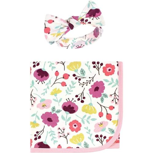 Touched by Nature Unisex Baby Organic Cotton Swaddle Blanket and Headband or Cap, Botanical, One Size
