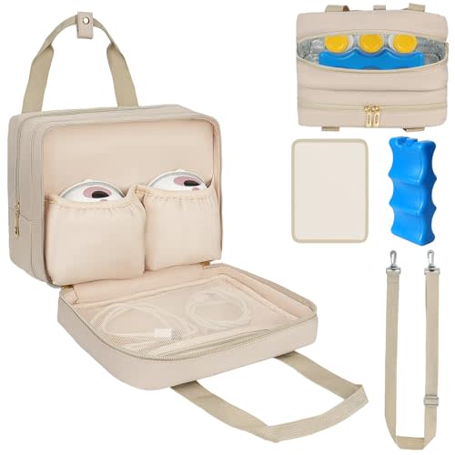 Breastmilk Cooler Travel Bag, Wearable Breast Pump Storage Bag Compatible with Momcozy/Medela/Elvie/Willow Breast Pump with Ice Pack and Waterproof Mat,Khaki