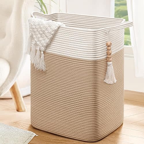 Goodpick Laundry Basket, Slim Laundry Hamper, Tall Cotton Storage Baskets with Handles, Decorative Blanket Basket for Living room, Collapsible Large Baskets for Toys, Clothes, 16x13x22in, Khaki