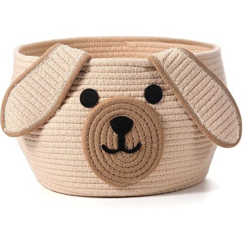 Dog Woven Basket Cute Woven Cotton Rope Puppy Animal Storage Basket for Laundry Toy Gift(Khaki,13 x 8 Inch)