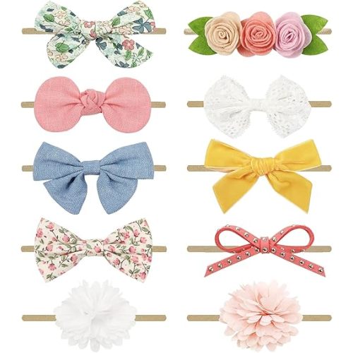 BQUBO Baby Girl Bows and Headbands Soft Nylon Hairbands Elastics Handmade Girls Flower Hair Accessories for Newborn Infant Toddlers Kids 10 Pack
