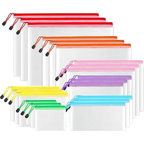 SUNEE Multisize Mesh Zipper Pouches (7 Colors, 21 Packs), Water-Resistant Zip Bag for School Office Supplies, Puzzles & Games Organizing Storage