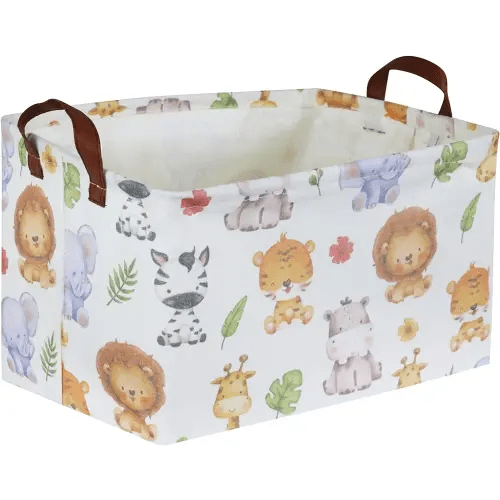 Rectangular Kids Storage Bins,Baby Basket Organizer.Waterproof PE Coating Cute Basket with Handles.Woodland Nursery Decor,Toys Box,Books Basket,Gifts Basket. (Cute Animal)