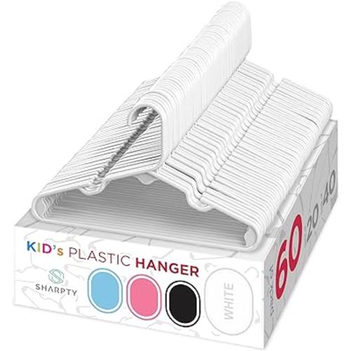Sharpty Kids Plastic Hangers, Children's Hangers for Baby, Toddler, and Child Clothes - Everyday Standard Use - Ideal for Boys and Girls Closet, Clothing, Pants, Coats, and More - White, 60 Pack