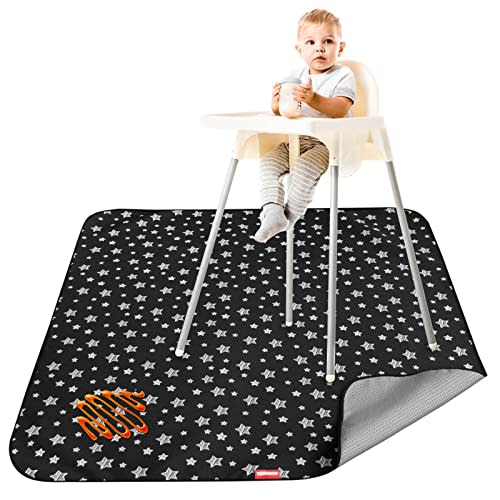 High Chair Mat Waterproof and Washable Splat Mat, Baby Splat Mat for Under High Chair, Non Slip Mat for Art/Crafts/Playtime, Protable Picnic Table Cloth Mat, 46'' x 42'', Black Star