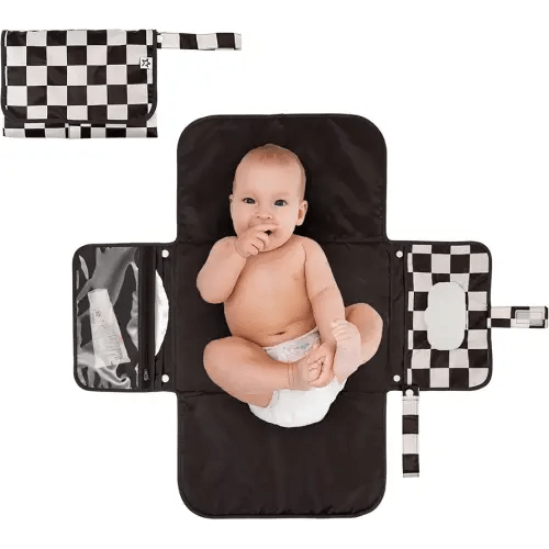 Tiny Twinkle Portable Diaper Changing Pad, Foldable Waterproof Baby Change Pad for Newborn Girl & Boy with Smart Wipes Pocket (Black Checkers)