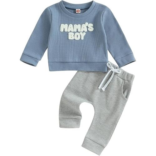 Toddler Baby Boy Clothes Mamas Boy Fall Winter Outfit Long Sleeve Letter Sweatshirt Plaid Jogger Pants Newborn Set