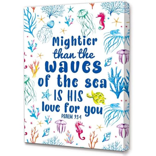 Religious Bible Verse Canvas Wall Art for kids,Mightier Than the Waves Canvas Painting Wall Decor for Kids,Christian Religious Canvas Wall Art For Kids Nursery/Classroom/Bedroom Wall Decor 12" x 15"