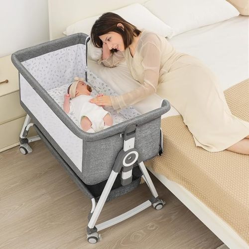 Baby Bassinet, Bedside Bassinet for Baby, 4 in 1 Bassinet Bedside Sleeper with Locked Wheels, Mosquito Net, Adjustable Easy Folding Portable Crib for Infant Newborn, Dark Grey
