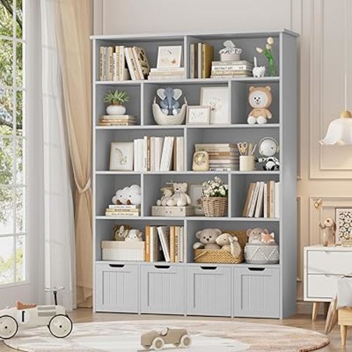 FINETONES 6 Tier Toy Storage Organizer, 69" Tall Kids Bookshelf with 4 Movable Drawers and 12 Storage Cubbies, Toy Organizers and Storage Kids Storage Organizer Playroom Storage for Kids Room, Grey