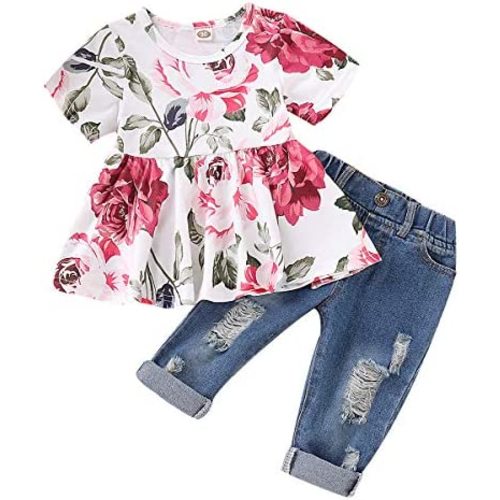 CARETOO Girls Clothes Outfits Cute Baby Girl Floral Long Sleeve Pant Set Flower Ruffle Top
