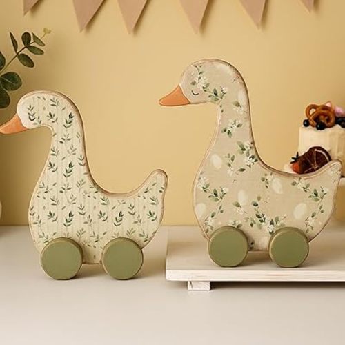 Yousoontic 2 Pcs Silly Goose Birthday Decorations 9" x 9.8" Wooden Silly Goose Baby Shower Table Centerpieces with Floral Prints for 1st Birthday Party, Baby Shower Photo Prop(Green Foliage)