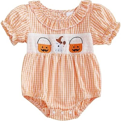 Halloween Baby Girl Outfit Pumpkin Bubble Romper Plaid Smocked Bodysuit Newborn First Halloween Clothes Fall