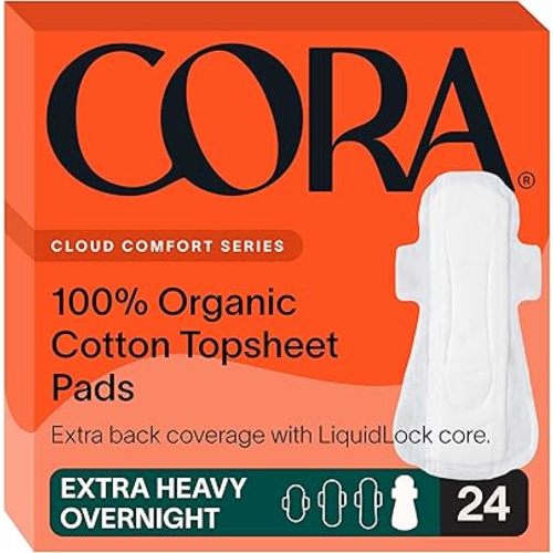 Cora 100% Organic Cotton Topsheet Pad | Ultra Thin Period Pads with Wings | Extra Heavy Overnight Absorbency | Unscented Ultra-Absorbent Sanitary Pads for Women (24 Count)