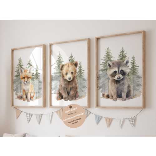 Woodland Animal Prints, Woodland Nursery Wall Art Gift, Boy Nursery Wall Art, Forest Animal Nursery Decor, Watercolor Bear Deer Fox Prints