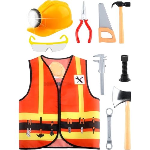 10 Pcs Kids Construction Worker Costume Set Include Construction Vest Hat Goggles and Builder Prop Toys for Halleween Party Dress Up