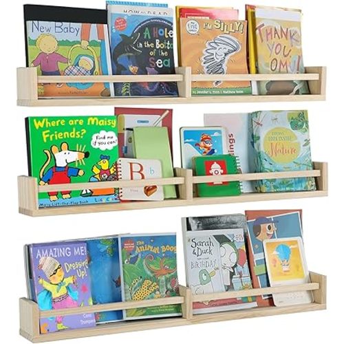 Nursery Bookshelves Wall Mounted,32inch,Set of 3, Wood Floating Wall Bookshelf for Kids,Natural Wood Color,Hanging Shelf for Baby Nursery Room Decor, Pine