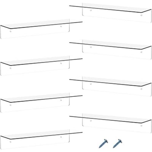 Blulu 8 Pieces Acrylic Floating Shelf, Invisible Wall Mounted Shelf for Book Photo Picture Makeup Record Display in Living Room, Bathroom, Bedroom, Kitchen, Office(Clear, 12 x 4 x 2 Inches)