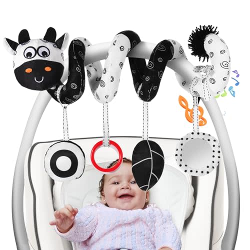 FATI Spiral Black and White Baby Car Seat Toys, High Contrast Toy Hanging Toys for Carseat Activity Toys, Newborn Plush Stroller Toys for 0 3 6 9 12 Months Boys Girls Sensory Development Ideal Gift