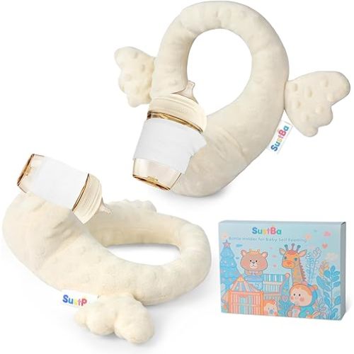 2 Pack Baby Bottle Holder, Portable Bottle Propper for Baby, Adjustable Twin Feeding Pillow with Crinkle Paper, Newborn Essentials, Machine Washable(Beige)