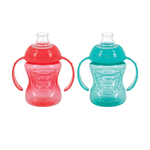 Nuby Plastic 2-Pack Two-Handle No-Spill Super Spout Grip N' Sip Cups, 8oz, Coral and Aqua