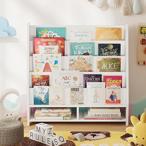 oneinmil Wooden 6-Tier Kids Bookshelf with Storage Cabinets Book Shelf for Kids Rooms Toddler Toy Book Display CD Bookcase for Nursery Classrooms Playrooms Kid Children Book Shelves Rack White