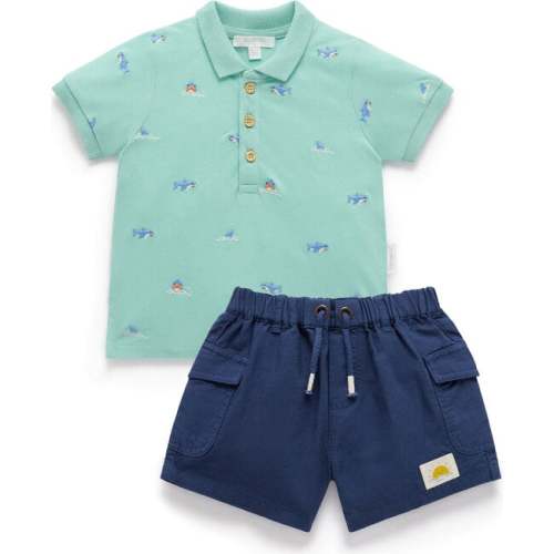 Shark Polo Shirt & Short Set, Shark Broderie - Purebaby Mixed Apparel Set | Maisonette