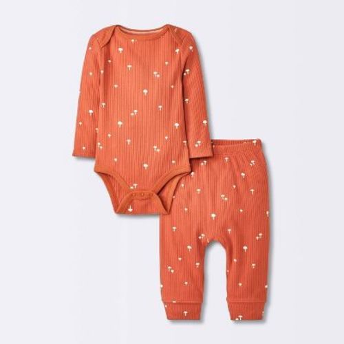 Baby 2pc Neutral Mushroom Wide Ribbed Top & Bottom Set - Cloud Island™ Rust 12M