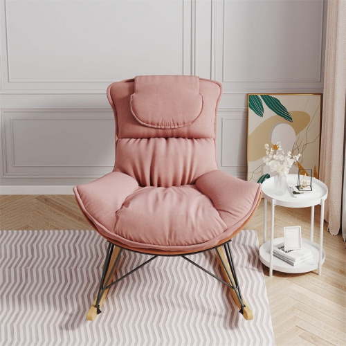 Velvet Rocking Chair with Thickened Cushion, Comfy Glider Rocker with Curved Backrest and Wide Seat, Accent Recliner Chair for Nursery, Bedroom, Living Room, Load-bearing 300Lbs, Pink
