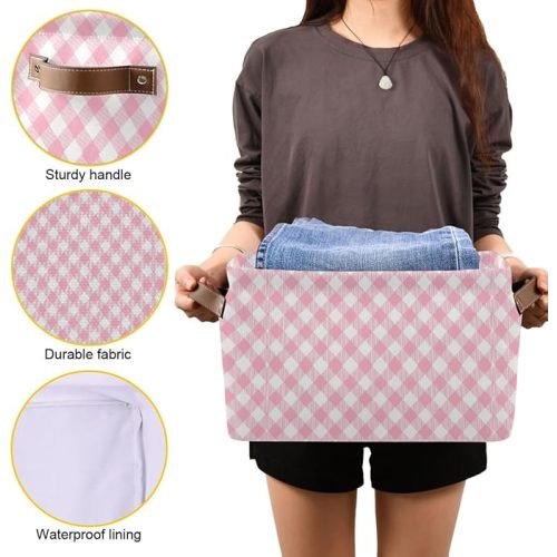 Pink Gingham Plaid Squares Storage Basket Collapsible Storage Bins Cubes Box Fabric Clothes Hamper Toy Chest Gift Baskets for Shelves Office Home Nursery Shoes with Leather Handles - #24