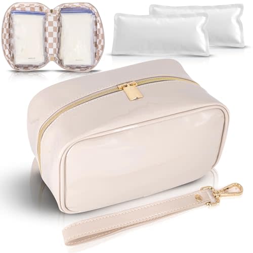 Breast Milk Cooler Travel Bag - Waterproof Breastmilk Storage Bag Cooler w/Ice Pack, Checkerboard Interior, Leather Strap, & More – Versatile Insulated Cooler Bag - Ideal Baby Travel Essentials (Nude)