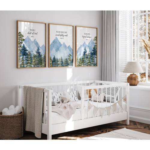 Blue Mountain Nursery Decor, Forest Wall Art, Gender Neutral decor, Adventure Scripture Baby Mountains Set of (3) UNFRAMED Prints or Canvas