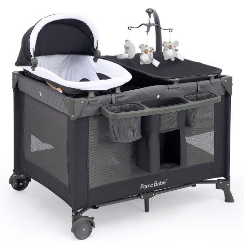 Pamo Babe Unisex Nursery Center Playard with Bassinet & Changing Table for Newborn,Grey