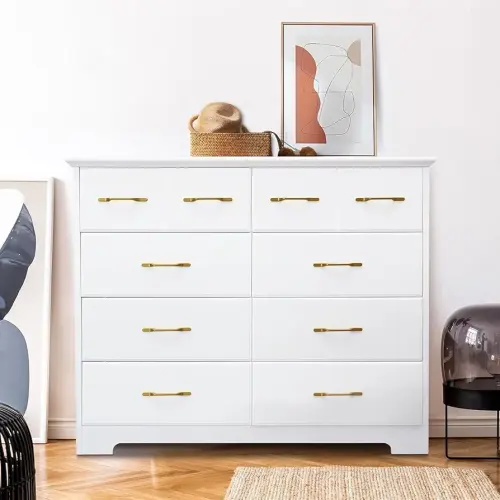 8 Drawer Dressers for Bedroom, Large White Dresser, 40 Inch Wide Dresser, Mid Century Modern Dresser with Gold Hardware, Wooden Chest of Drawers. Cream White