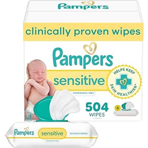 Pampers Sensitive Baby Wipes, Water Based, Hypoallergenic and Unscented, 6 Flip-Top Packs (504 Wipes Total)